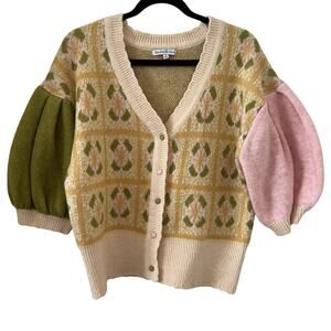 Seen And Be Seen Puffed Short Sleeve Cropped Jacquard Cardigan Sweater S…